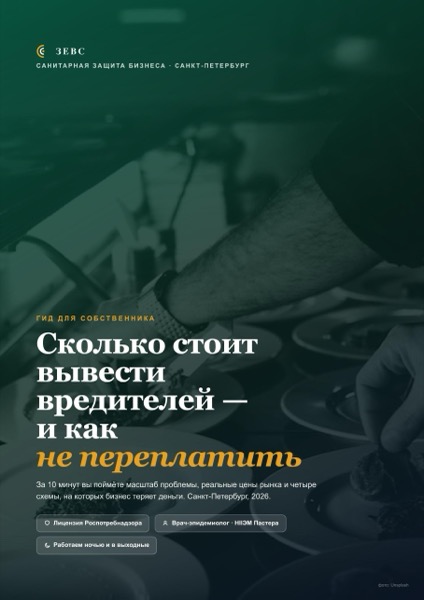 Обложка гида «Сколько стоит вывести вредителей и как не переплатить»  -  для бизнеса, Санкт-Петербург